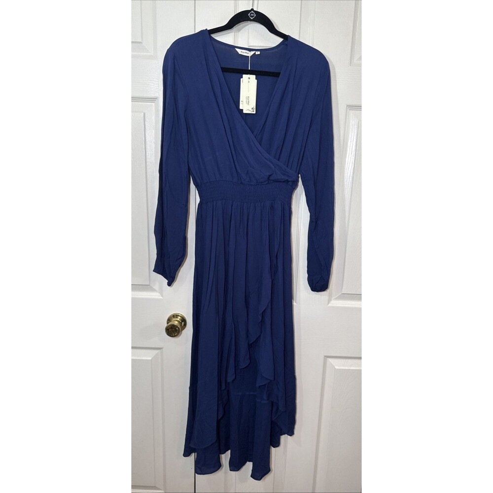 NWT Kormei Womens Long Sleeve High Low V-Neck Flowy Ruffle Wrap Boho Dress Sz L